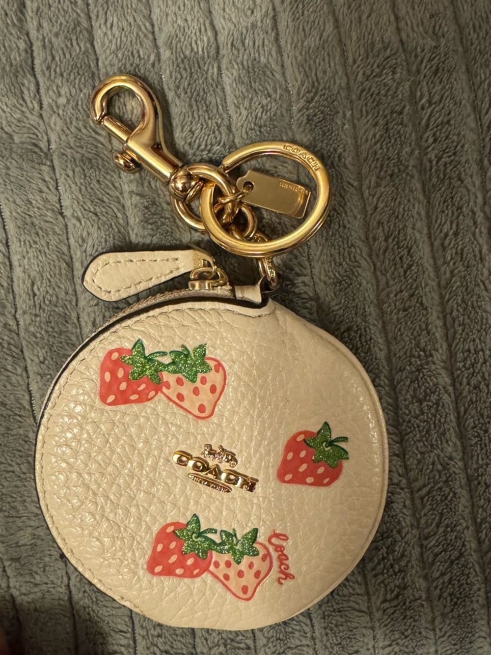Coach Cream Leather Strawberry Coin Pouch Keyring